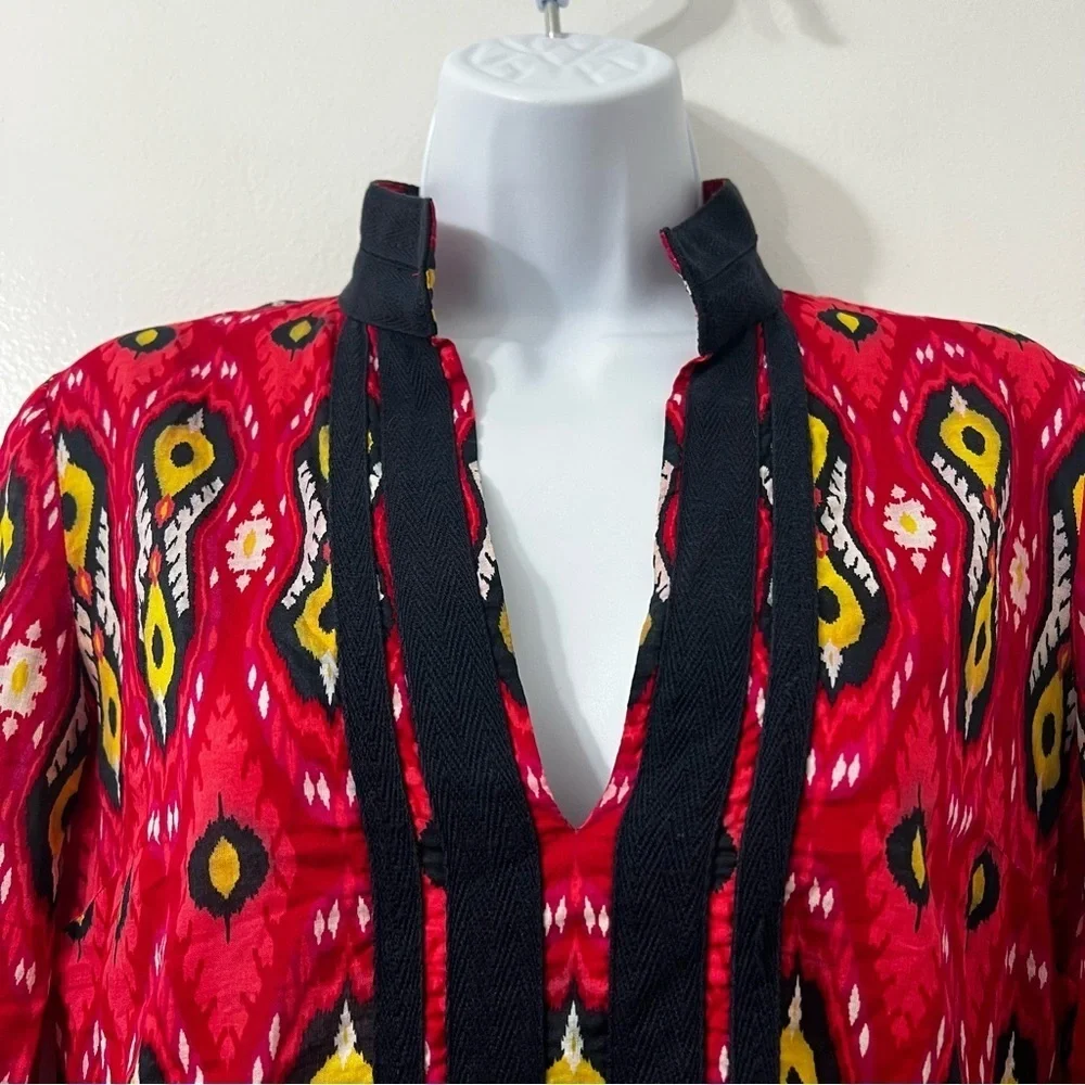 Tory Burch Women's 2 Cotton Ikat Print Long Sleeve Blouse Tunic Red Boho Resort